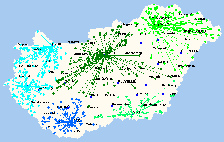 Elosztási háló vizsgálata Elosztási öltsége alaulása átraódepó esetén A Győr, Zalaegerszeg, Pécs, Szeged és Misolc depóal a övetező optimális örzeteet alaította i a Paragon cég FastNet hálózattervező