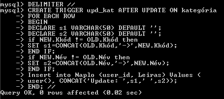 Kategória módosítás naplózó trigger (2) Insert into Naplo (user_id,