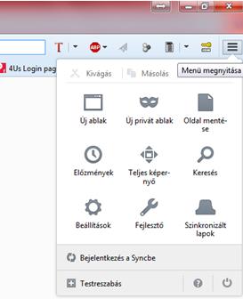 2.2 Mozilla Firefox Válasszuk ki az Beállítások menüpontot, melyet kétféle képen is elérhetünk: Az egyik lehetőség a címsor feletti