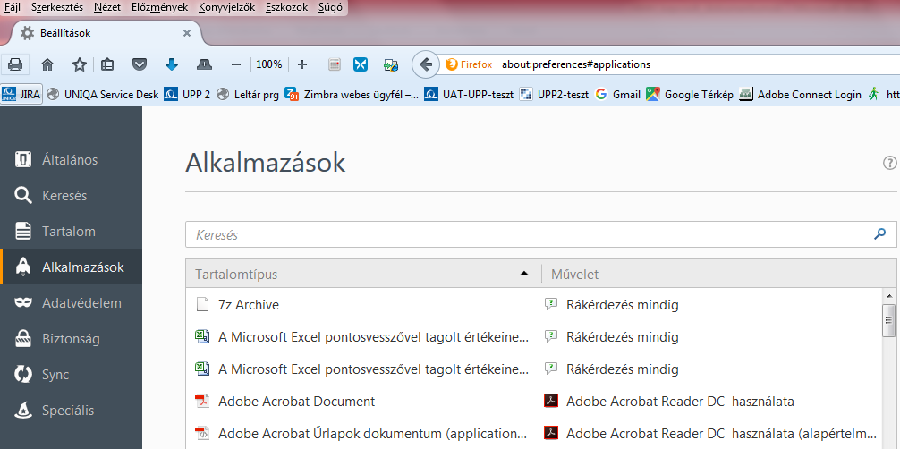 Alkalmazások-ra, ahol egy hasonló tartalmú listát látunk: Itt keressük meg az Adobe Acrobat Document et a Tartalomtípus oszlopból és a