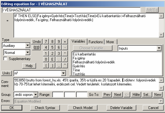 Erdőgazdasági jövőbeni biomassza hasznosítás Modellbeni összefüggések initial sanitary and other Károk (Time) (Eü karbantartás) (Time) I TÜZIFA IGÈNY Tüzifa fogyasztás Fa igény Ipari fogyasztás