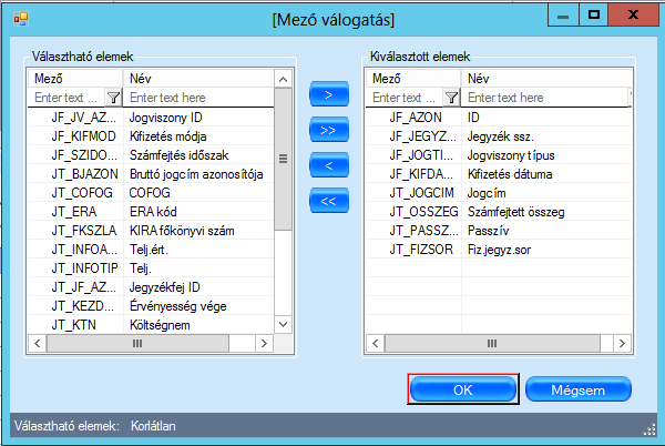 Lehetőségünk van a fej és sor adatok oszlop mezőit kibővíteni, az Oszlopok kijelölése kis sárga ikonra kattintva.