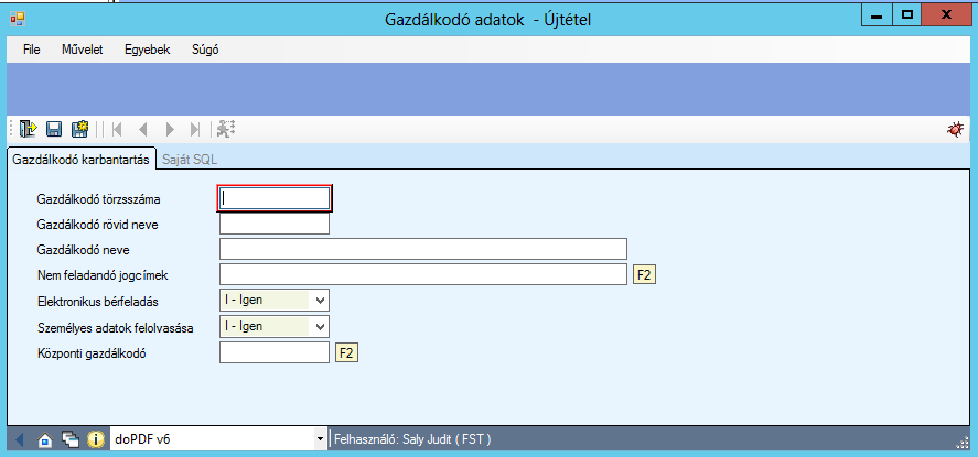 2. KARBANTARTHATÓ TÖRZSEK, PARAMÉTEREK 2.1. Gazdálkodó törzs Válasszuk a KIRA >Forrás adatküldés interface.net munkakörön belül a Gazdálkodó / a. Gazdálkodó törzs menüpontot!