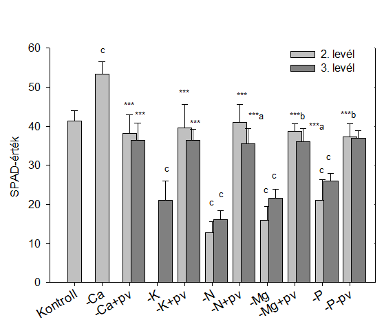 Figure 3.: Effect of macro element deficiency (Ca, K, N, Mg, P) and a fluid byproduct (pv) on the relative chlorophyl content of 2 nd and 3 rd leaf of maize (SPAD).