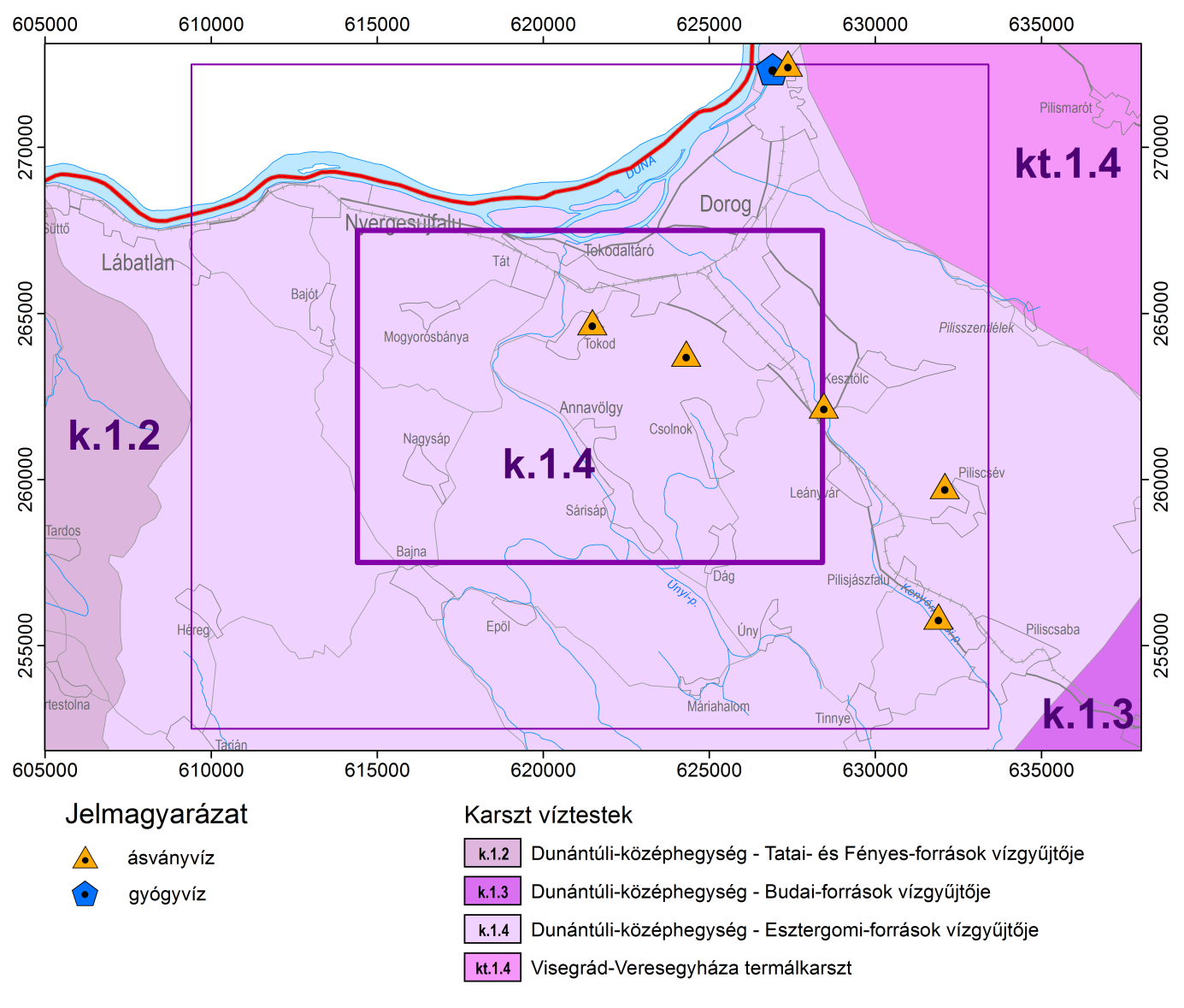 Dorog-észak I Komplex érzékenységi és terhelhetőségi vizsgálati tanulmány 26 ábra A vizsgálati területet érintő karszt víztestek és termálvizet adó víztestek A területen, illetve a környezetében