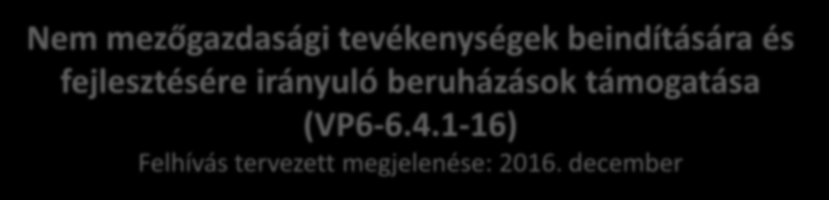 Nem mezőgazdasági tevékenységek beindítására és fejlesztésére irányuló beruházások támogatása (VP6-6.4.1-16) Felhívás tervezett megjelenése: 2016.