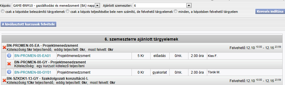 Amennyiben ezeket szeretné összevetni a mintatantervével, a felső sorban található Mintatanterv alapján gombra kell kattintania.