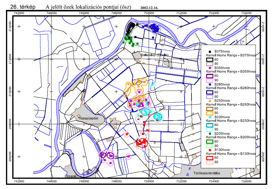 Őzbakok nyári területhasználata rádiótelemetria, Tiszapüspöki, 2001-2002
