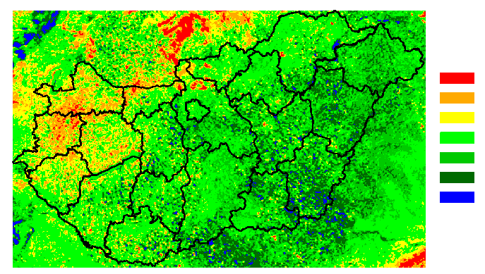 Aszály 2000, 2001 augusztus NOAA AVHRR Aszály 2000, 2001 augusztus SPOT VEGETATION NDVI különbségtérkép:1. dekád Aug 2000 - Átlag (1991,1993,2000,2001) NDVI (2000-1998) >-0.20-0.19 - -0.10-0.09 - -0.