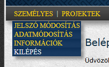 4. Személyes adatok kezelése Belépés után a felső menüsor megváltozik. Megjelenik a SZEMÉLYES és a PROJEKTEK menü. A SZEMÉLYES menüre kattintva a legördülő listán 4 opció közül választhatunk: 4.1.
