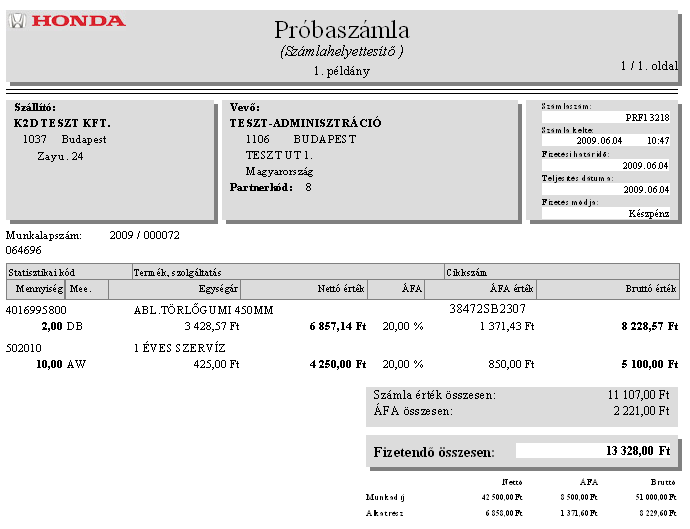 Teszt számla belsős munkalapokra A Kijelölt munkalap adatainak módosítása ablak Számla/Pr.szla (szla.