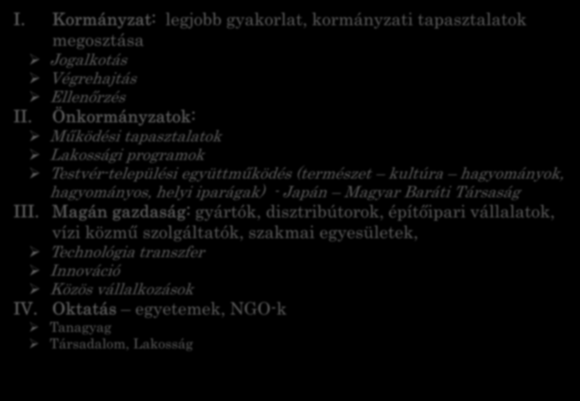 Annex: A lehetséges együttműködés szintjei I. Kormányzat: legjobb gyakorlat, kormányzati tapasztalatok megosztása Jogalkotás Végrehajtás Ellenőrzés II.