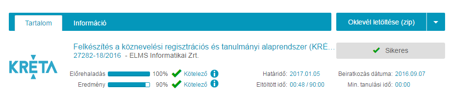 Az Oklevél letöltése gombbal egy zip fájl tölthet le, ami tartalmazza a tanúsítványt pdf formátumban és a digitálisan aláírt XML formátumban is.