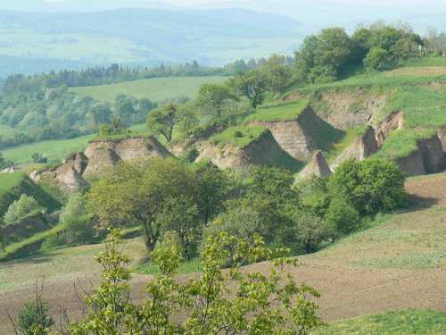 A nyárádselyei suvadás űrfelvétele (Google Earth felvétel) A gerincek folytonossága a mozgás folytatódásának és a külső felszínformáló erőknek hatására felszabdalódott,
