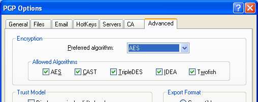 A titkosító algoritmus beállítása Edit Options