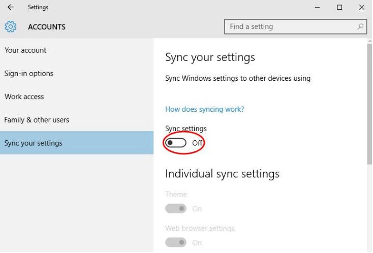 Már csak annyi dolgunk maradt, hogy a szinkronizálást is kikapcsoljuk a "Settings" "Accounts" " Sync your settings" menüben. 4.