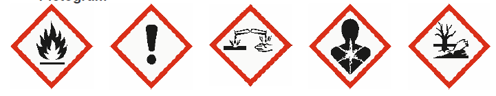 Veszélyjelek Xn Ártalmas N Környezetre veszélyes anyag Kockázati jelölések Biztonsági jelölések R10 R22 R37 R41 R43 R50/53 R65 R67 S2 S13 S20/21 S26 S35 S36/37/39 S57 S62 Kevésbé tűzveszélyes
