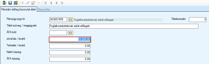 Keressük ki az érintett előleg bizonylatot, majd lépjünk be a bizonylat karbantartójába ( ikon), ahol a sor adatok ikonsorán a ikonnal duplikáljuk le a kiadási sort.