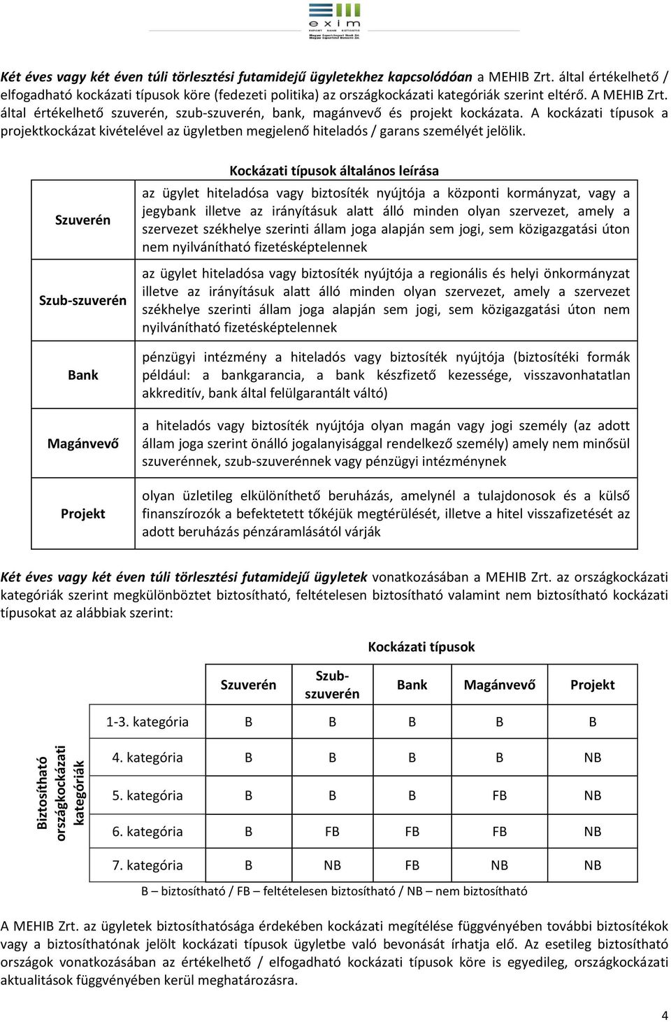 által értékelhető szuverén, szub-szuverén, bank, magánvevő és projekt kockázata. A kockázati típusok a projektkockázat kivételével az ügyletben megjelenő hiteladós / garans személyét jelölik.