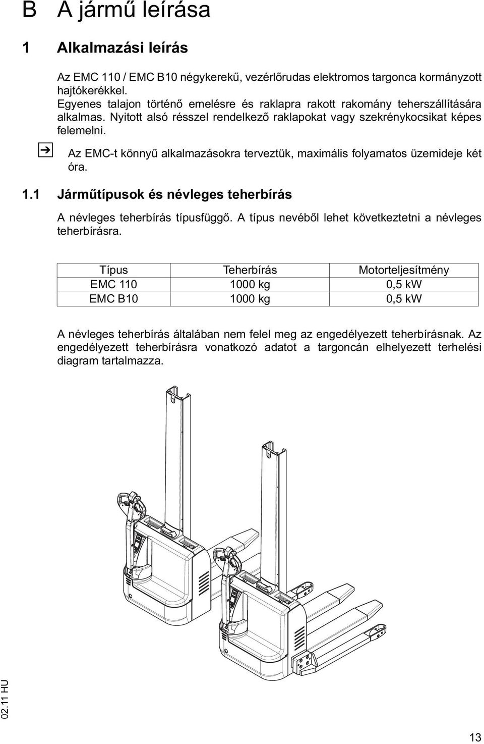 Az EMC-t könny alkalmazásokra terveztük, maximális folyamatos üzemideje két óra. 1.1 Járm típusok és névleges teherbírás A névleges teherbírás típusfügg.