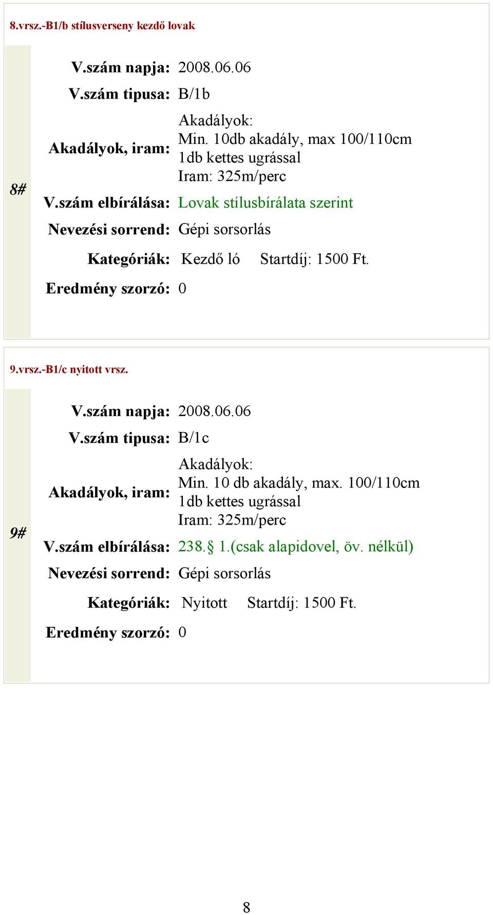 szám elbírálása: Lovak stílusbírálata szerint Kategóriák: Kezdő ló Startdíj: 1500 Ft. 9.vrsz.