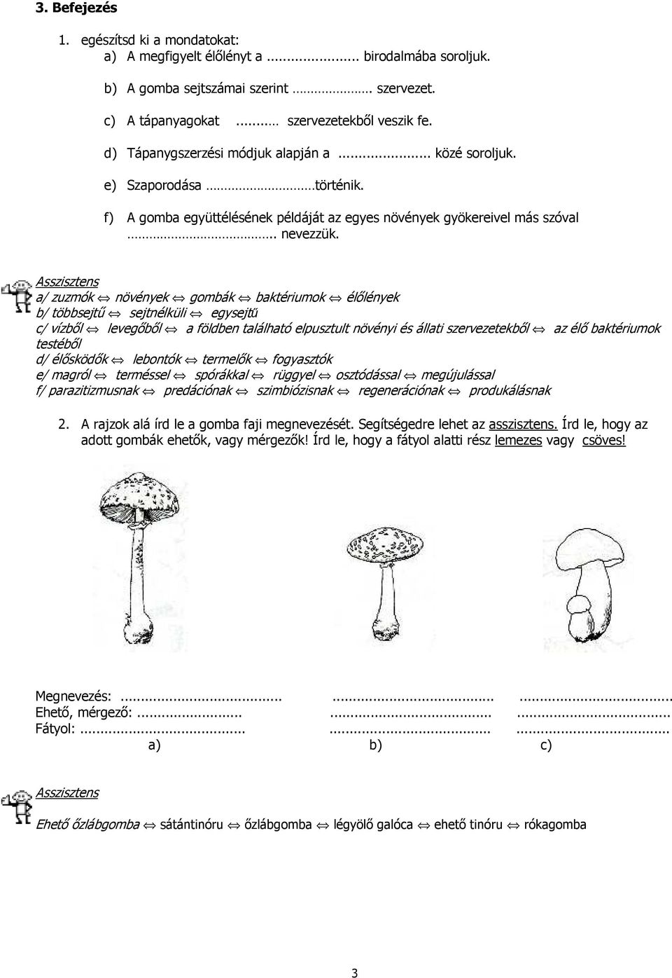 Asszisztens a/ zuzmók növények gombák baktériumok élılények b/ többsejtő sejtnélküli egysejt c/ vízbıl levegıbıl a földben található elpusztult növényi és állati szervezetekbıl az élı baktériumok