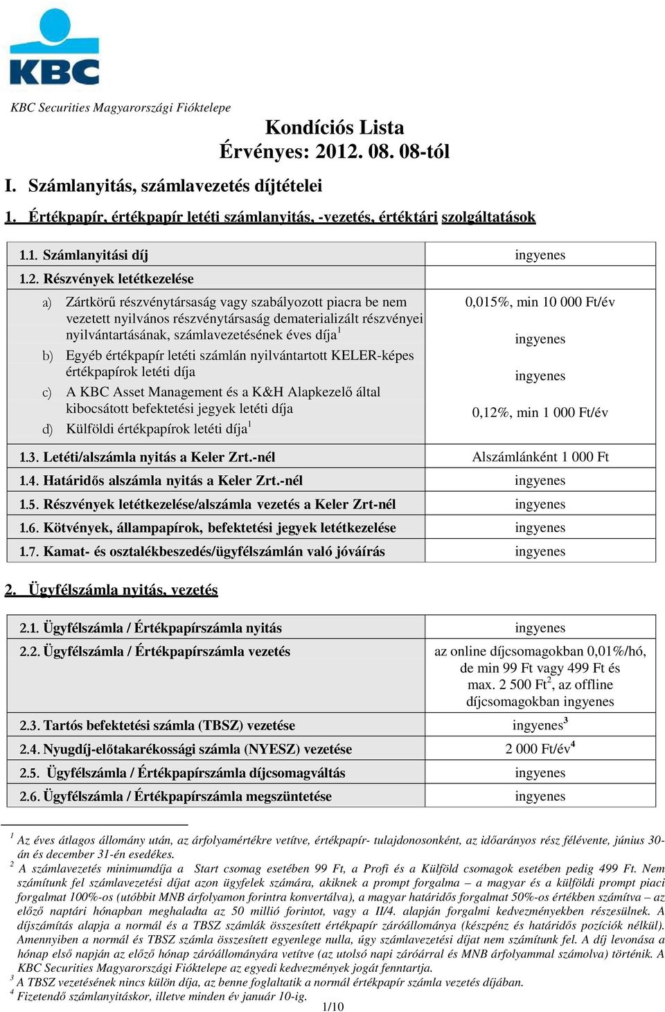 1 b) Egyéb értékpapír letéti számlán nyilvántartott KELER-képes értékpapírok letéti díja c) A KBC Asset Management és a K&H Alapkezelő által kibocsátott befektetési jegyek letéti díja d) Külföldi