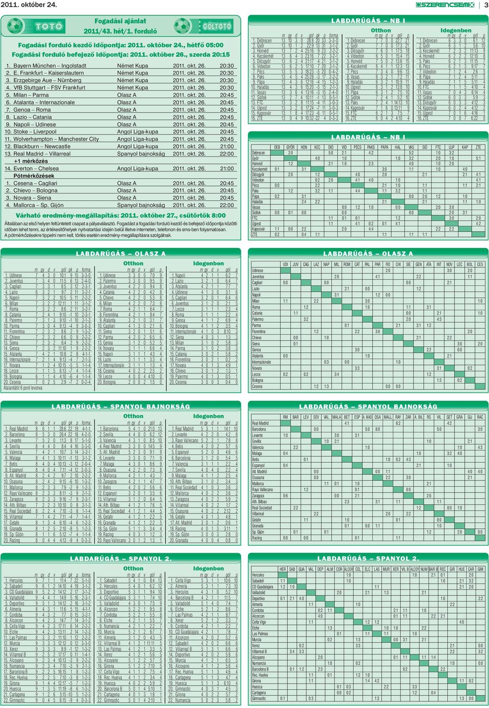 VfB Stuttgart FSV Frankfurt Német Kupa 2011. okt. 26. 20:30 5. Milan Parma Olasz A 2011. okt. 26. 20:45 6. Atalanta Internazionale Olasz A 2011. okt. 26. 20:45 7. Genoa Roma Olasz A 2011. okt. 26. 20:45 8.