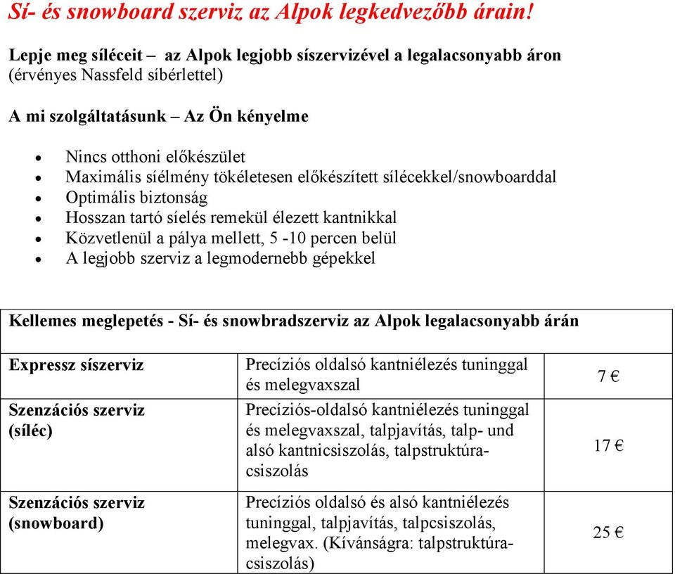 elıkészített sílécekkel/snowboarddal Optimális biztonság Hosszan tartó síelés remekül élezett kantnikkal Közvetlenül a pálya mellett, 5-10 percen belül A legjobb szerviz a legmodernebb gépekkel