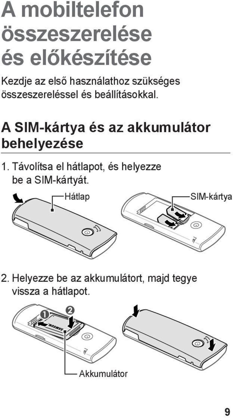 A SIM-kártya és az akkumulátor behelyezése 1.