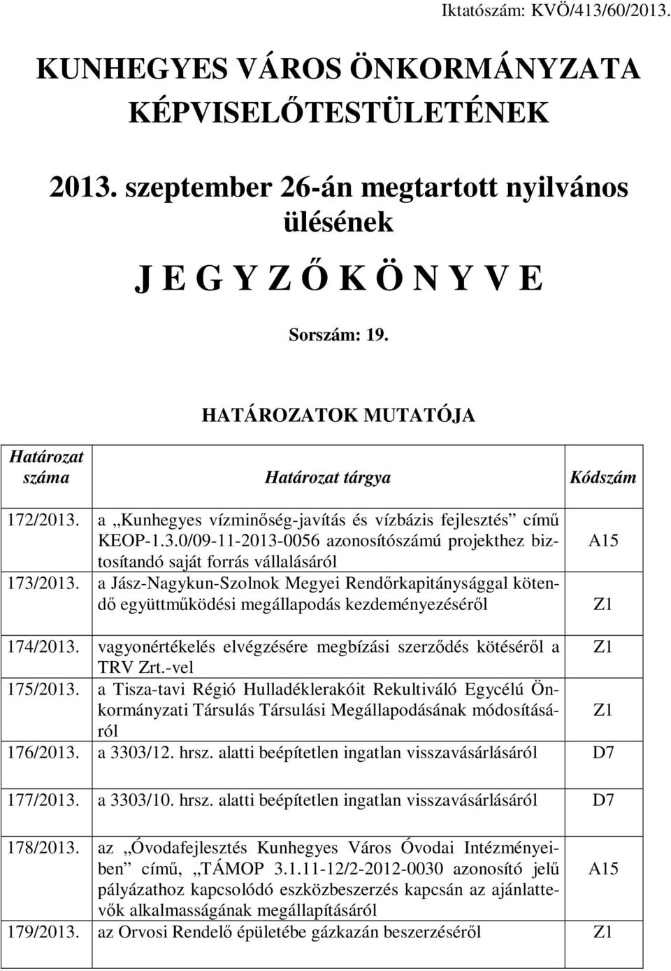 a Jász-Nagykun-Szolnok Megyei Rendőrkapitánysággal kötendő együttműködési megállapodás kezdeményezéséről A15 Z1 174/2013. vagyonértékelés elvégzésére megbízási szerződés kötéséről a Z1 TRV Zrt.