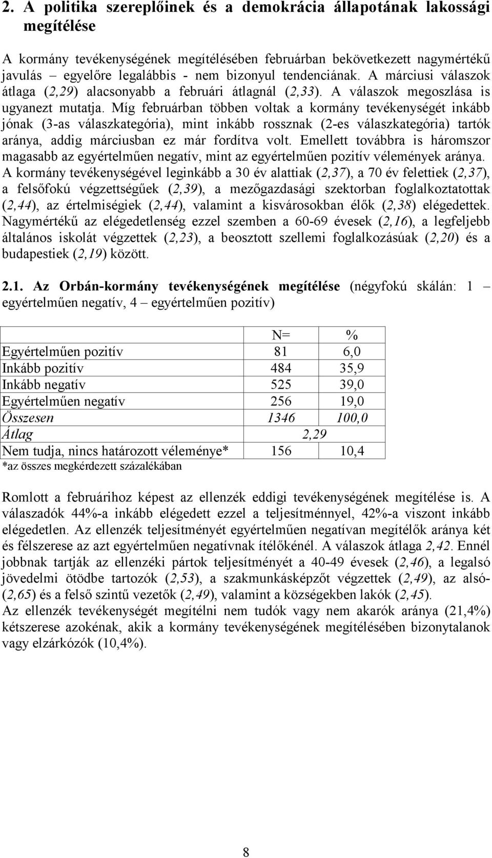 Míg februárban többen voltak a kormány tevékenységét inkább jónak (3-as válaszkategória), mint inkább rossznak (2-es válaszkategória) tartók aránya, addig márciusban ez már fordítva volt.