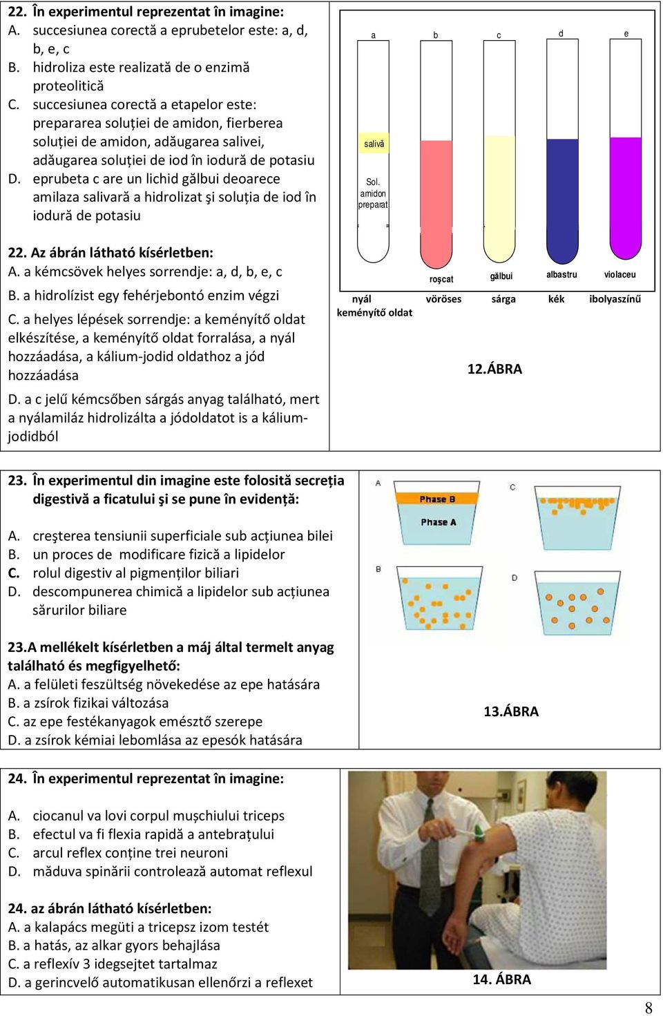 eprubeta c are un lichid gălbui deoarece amilaza salivară a hidrolizat şi soluția de iod în iodură de potasiu a b c d e salivă Sol. amidon preparat 22. Az ábrán látható kísérletben: A.