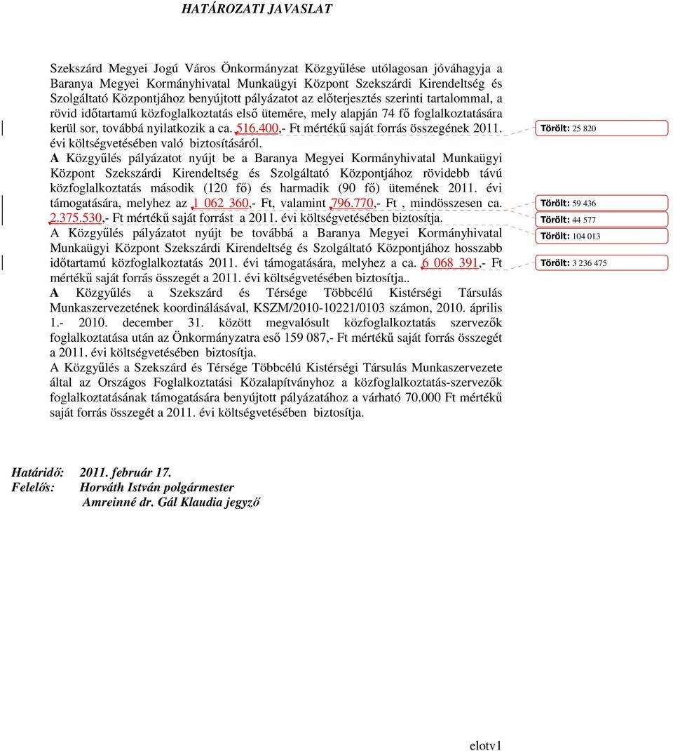 400,- Ft mértékő saját forrás összegének 2011. évi költségvetésében való biztosításáról.