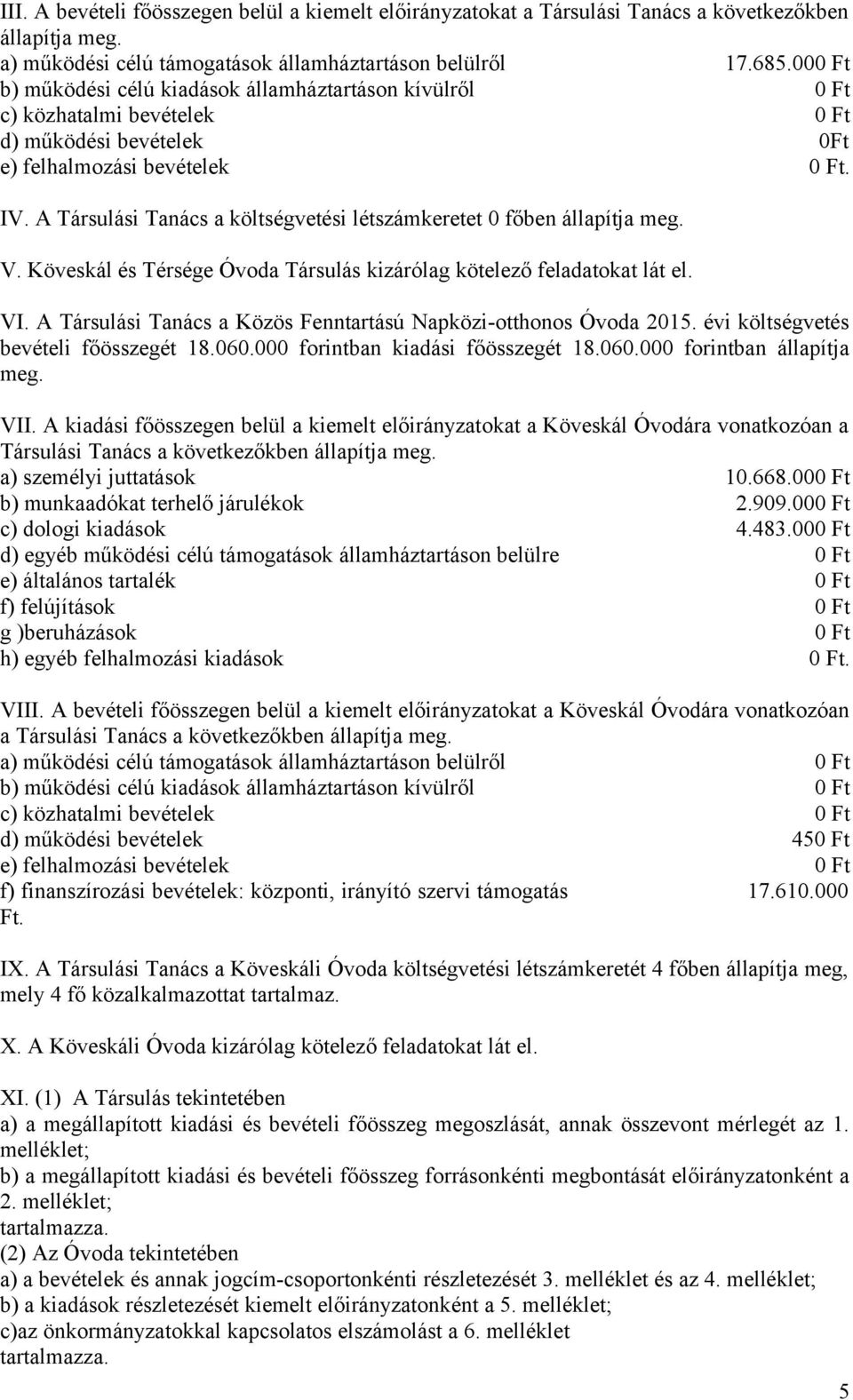 A Társulási Tanács a költségvetési létszámkeretet 0 főben állapítja meg. V. Köveskál és Térsége Óvoda Társulás kizárólag kötelező feladatokat lát el. VI.