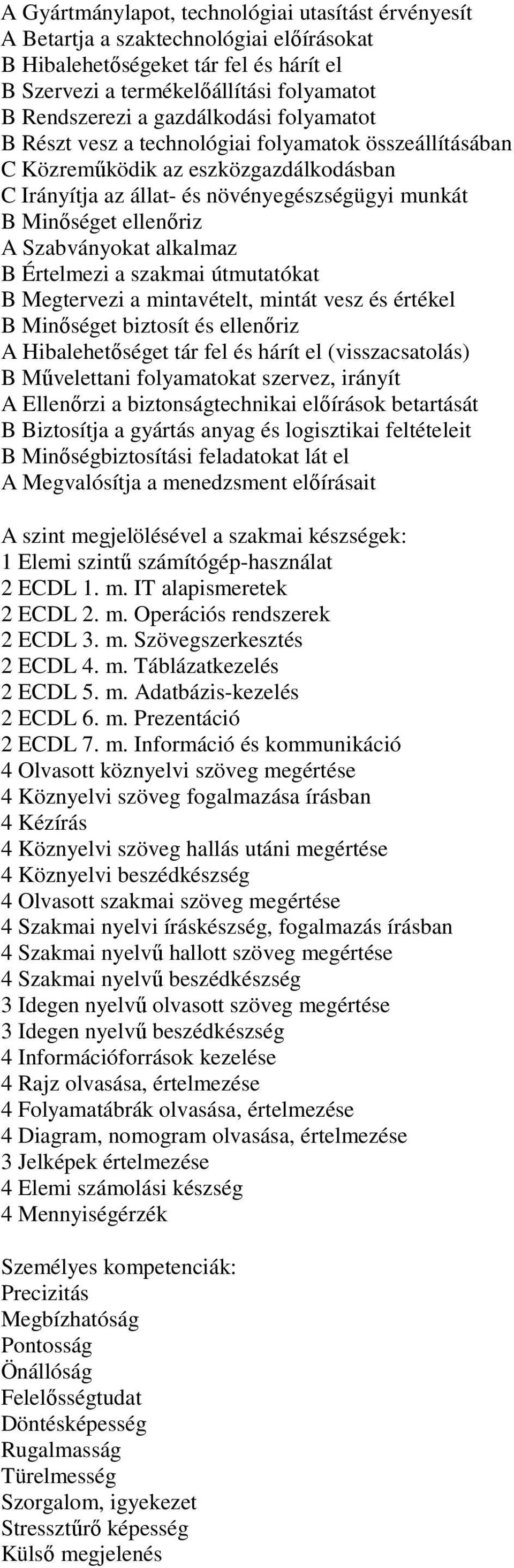 Szabványokat alkalmaz B Értelmezi a szakmai útmutatókat B Megtervezi a mintavételt, mintát vesz és értékel B Minőséget biztosít és ellenőriz A Hibalehetőséget tár fel és hárít el (visszacsatolás) B