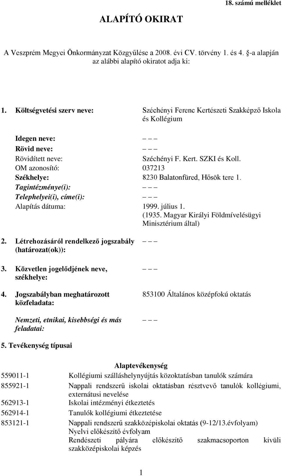 OM azonosító: 037213 Székhelye: 8230 Balatonfüred, Hősök tere 1. Tagintézménye(i): Telephelyei(i), címe(i): Alapítás dátuma: 1999. július 1. (1935.