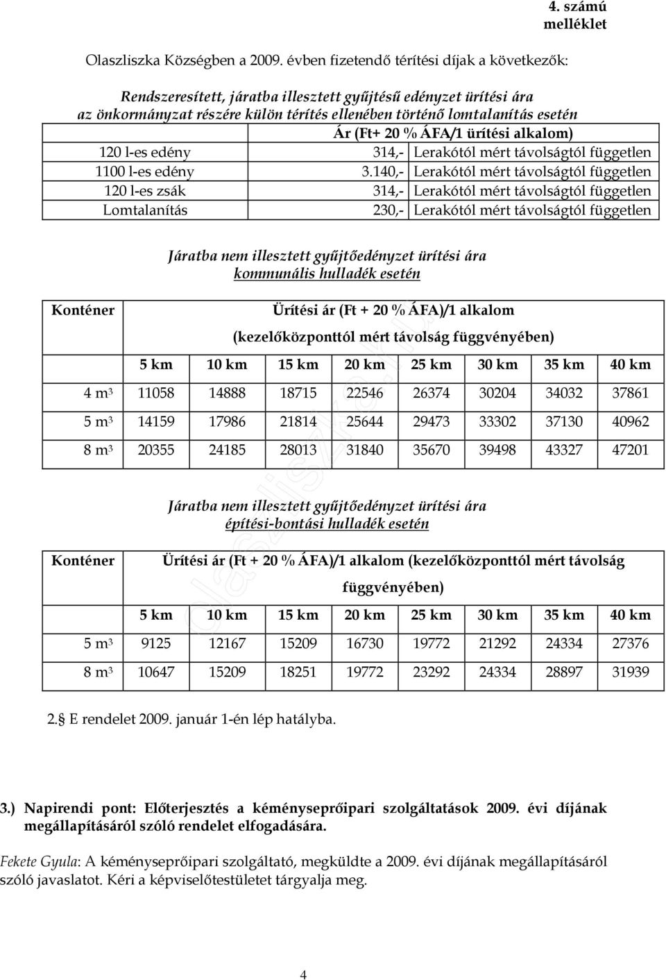 l-es edény 314,- Lerakótól mért távolságtól független 1100 l-es edény 3.