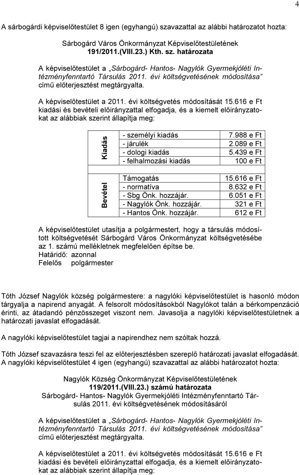 616 e Ft kiadási és bevételi előirányzattal elfogadja, és a kiemelt előirányzatokat az alábbiak szerint állapítja meg: Kiadás Bevétel - személyi kiadás 7.988 e Ft - járulék 2.