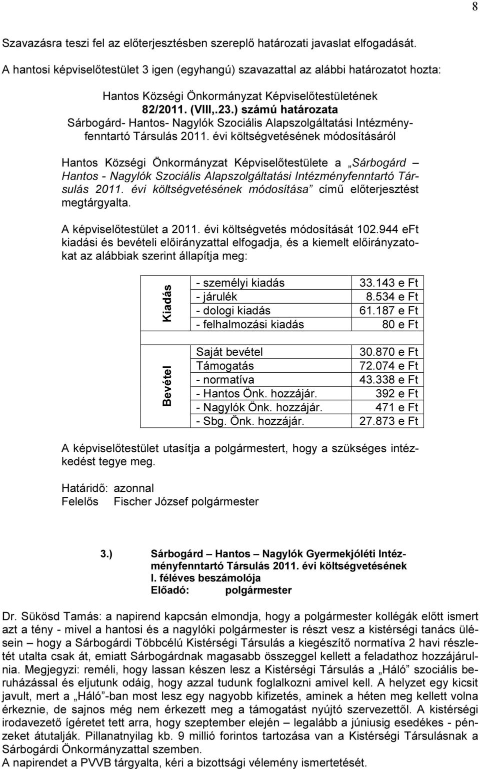 ) számú határozata Sárbogárd- Hantos- Nagylók Szociális Alapszolgáltatási Intézményfenntartó Társulás 2011.