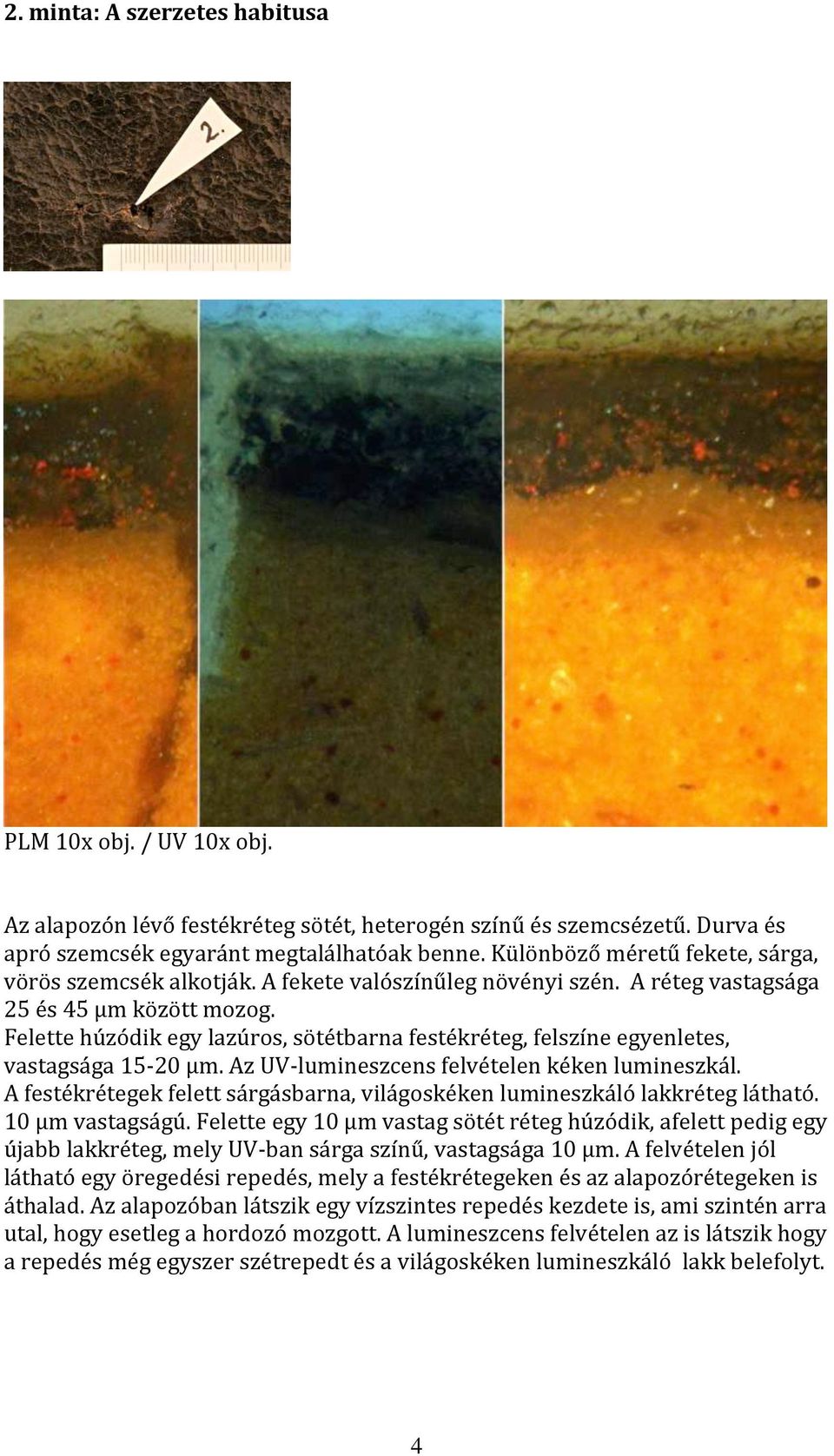 Felette húzódik egy lazúros, sötétbarna festékréteg, felszíne egyenletes, vastagsága 15-20 µm. Az UV- lumineszcens felvételen kéken lumineszkál.