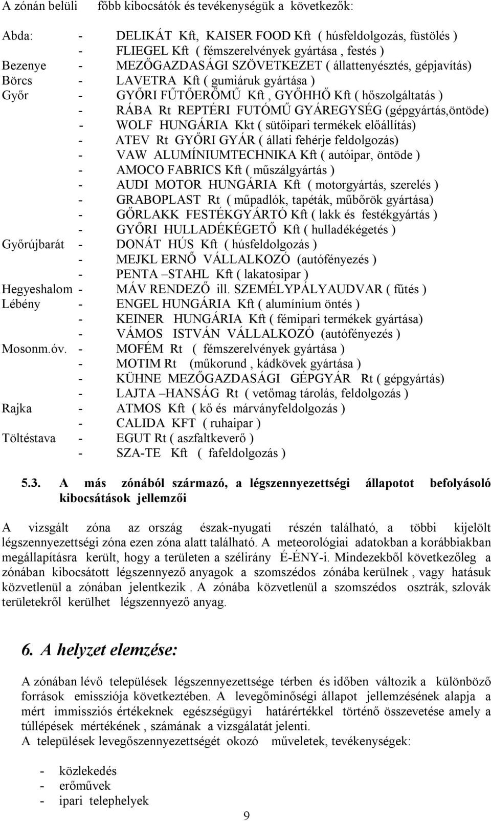 (gépgyártás,öntöde) - WOLF HUNGÁRIA Kkt ( sütőipari termékek előállítás) - ATEV Rt GYŐRI GYÁR ( állati fehérje feldolgozás) - VAW ALUMÍNIUMTECHNIKA Kft ( autóipar, öntöde ) - AMOCO FABRICS Kft (