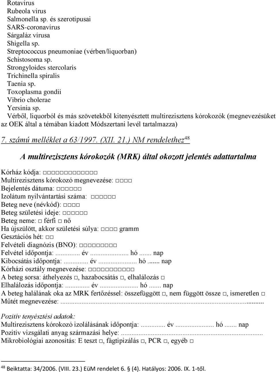 Vérből, liquorból és más szövetekből kitenyésztett multirezisztens kórokozók (megnevezésüket az OEK által a témában kiadott Módszertani levél tartalmazza) 7. számú melléklet a 63/1997. (XII. 21.