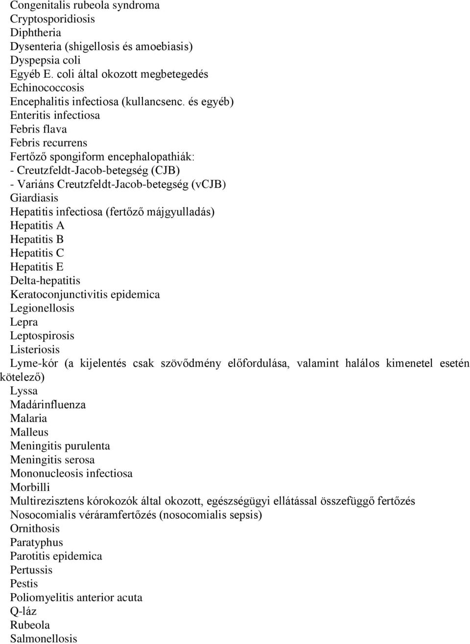 és egyéb) Enteritis infectiosa Febris flava Febris recurrens Fertőző spongiform encephalopathiák: - Creutzfeldt-Jacob-betegség (CJB) - Variáns Creutzfeldt-Jacob-betegség (vcjb) Giardiasis Hepatitis