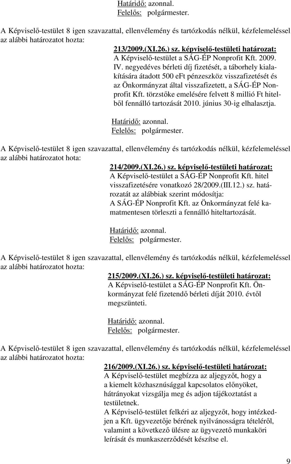 törzstőke emelésére felvett 8 millió Ft hitelből fennálló tartozását 2010. június 30-ig elhalasztja. az alábbi határozatot hota: 214/2009.(XI.26.) sz.