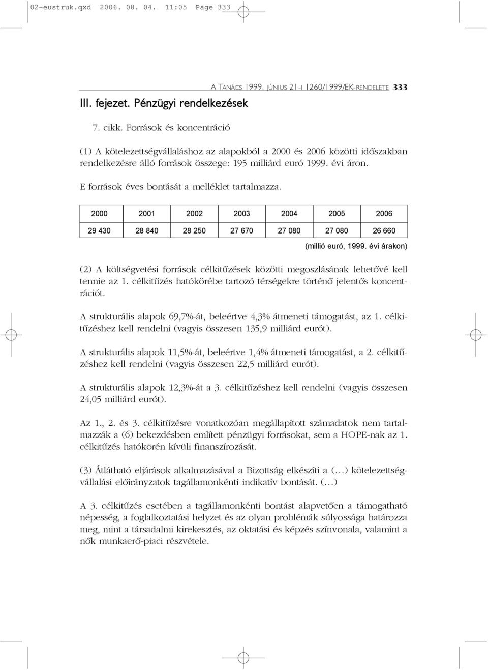 E források éves bontását a melléklet tartalmazza. 2000 2001 2002 2003 2004 2005 2006 29 430 28 840 28 250 27 670 27 080 27 080 26 660 (millió euró, 1999.