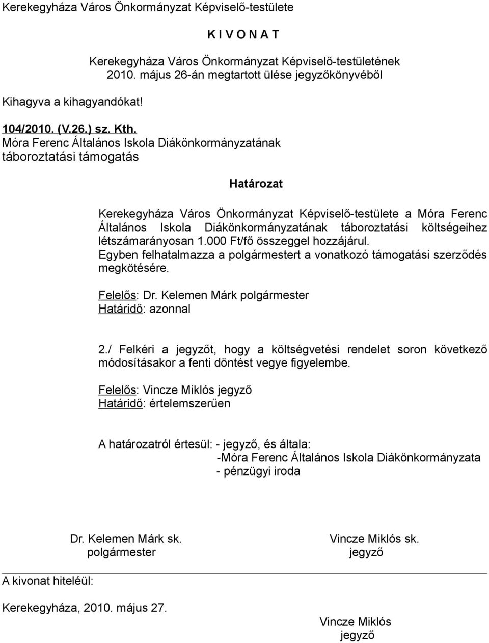 Diákönkormányzatának táboroztatási költségeihez létszámarányosan 1.000 Ft/fő összeggel hozzájárul.