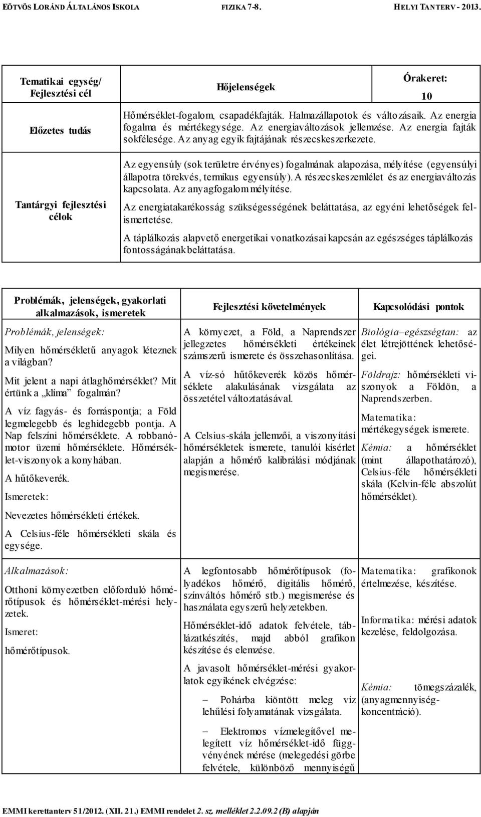 Az egyensúly (sok területre érvényes) fogalmának alapozása, mélyítése (egyensúlyi állapotra törekvés, termikus egyensúly). A részecskeszemlélet és az energiaváltozás kapcsolata.