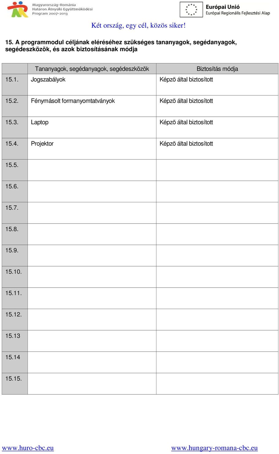 .1. Jogszabályok Képző által biztosított Biztosítás módja 15.2.