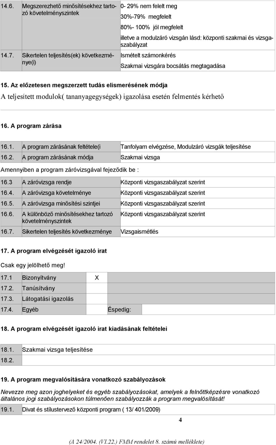 Szakmai vizsgára bocsátás megtagadása 15. Az előzetesen megszerzett tudás elismerésének módja A teljesített modulok( tananyagegységek) igazolása esetén felmentés kérhető 16. A program zárása 16.1. A program zárásának feltétele(i Tanfolyam elvégzése, Modulzáró vizsgák teljesítése 16.